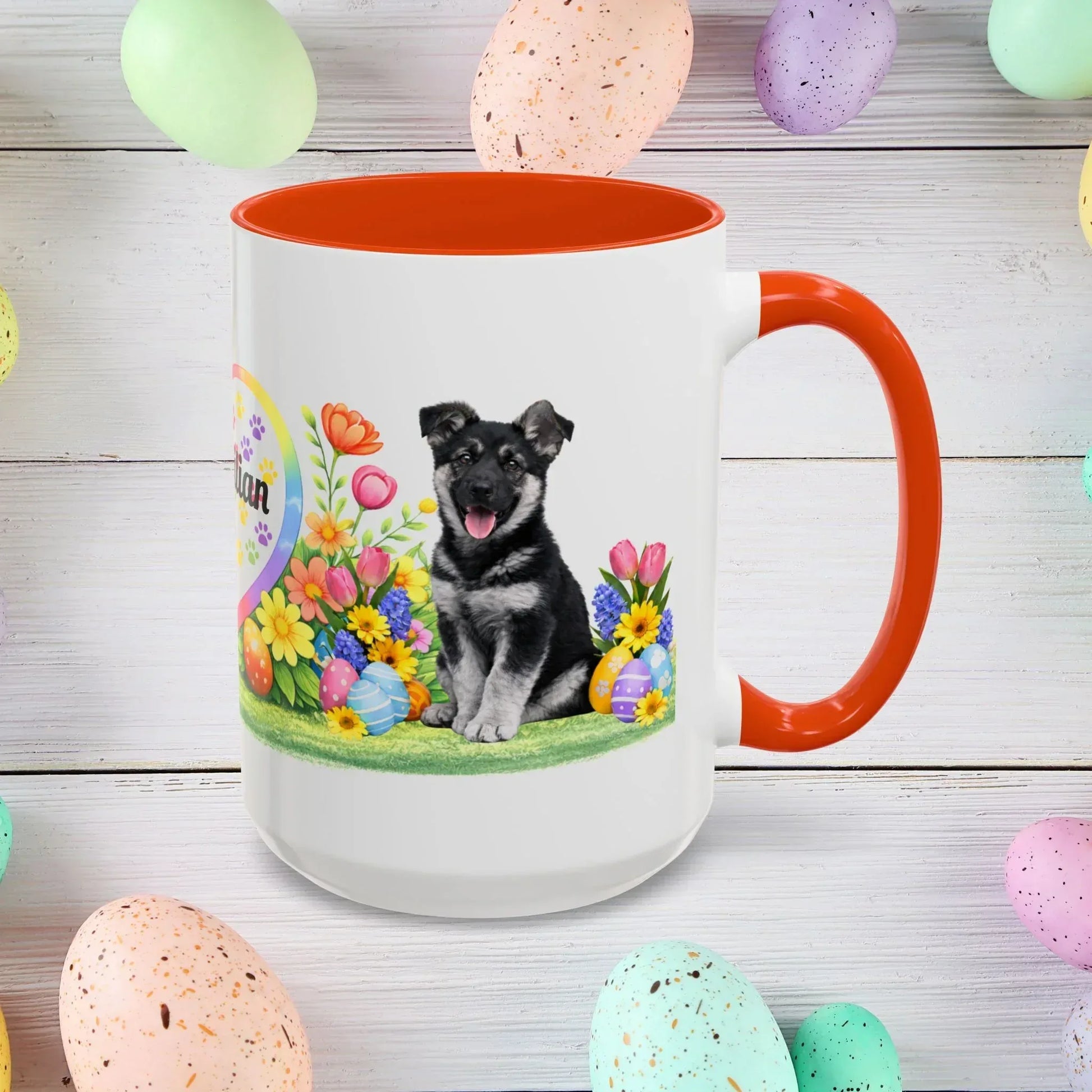 Shop our german shepherd black silver puppy easter mug featuring the 15oz style option from MySisterIsASurvivor.