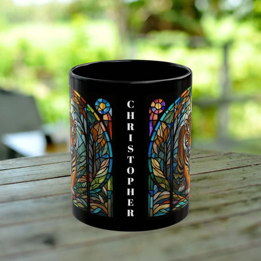 Shop our tiger stained glass zoo animals ceramic black mug featuring the 15oz style option from MySisterIsASurvivor.