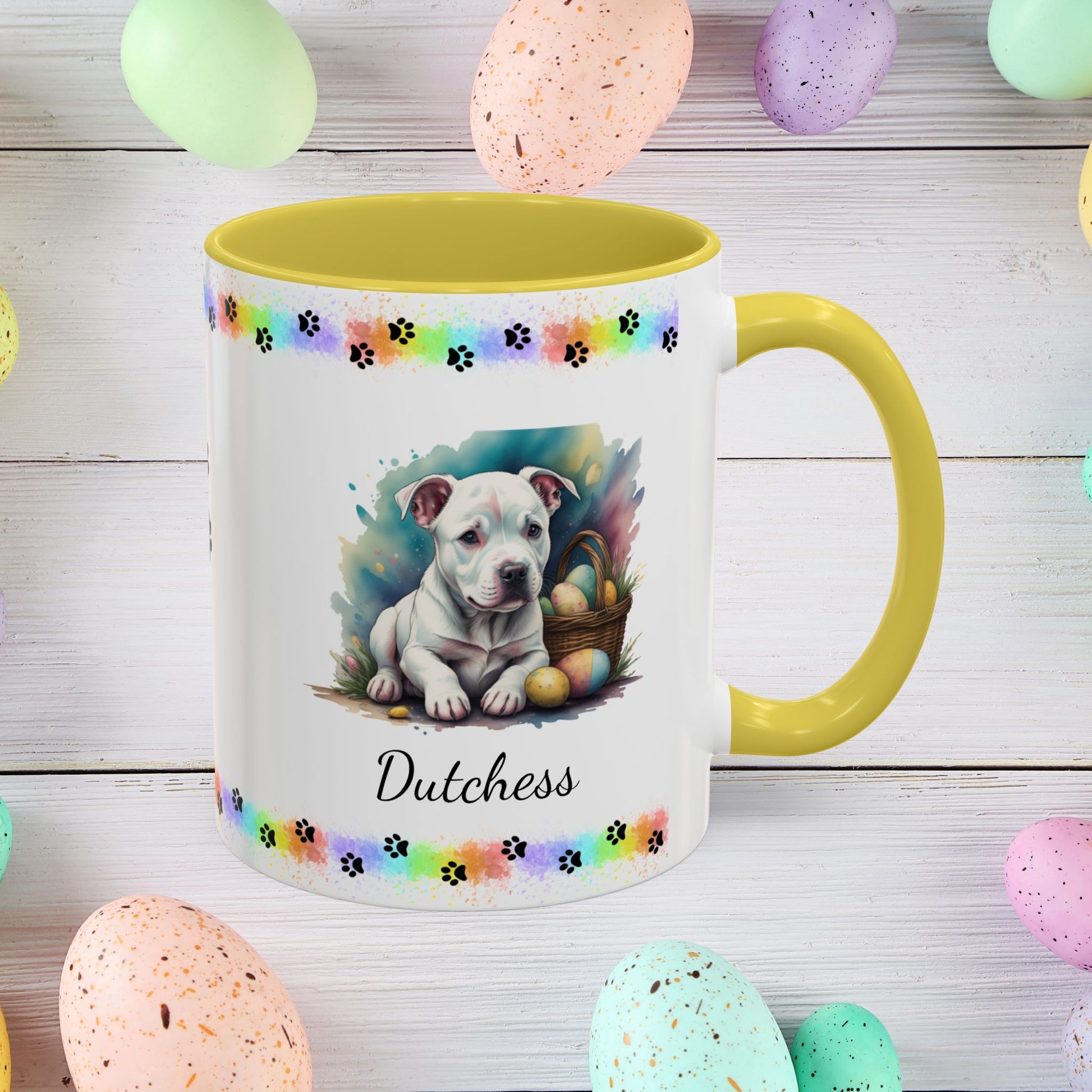 Pitbull (White): Personalized Easter Puppy Coffee Mug - Adorable Dog Design, Mental Health Gift, 11oz & 15oz, 12 Color Choices, Easter Gifts & Décor