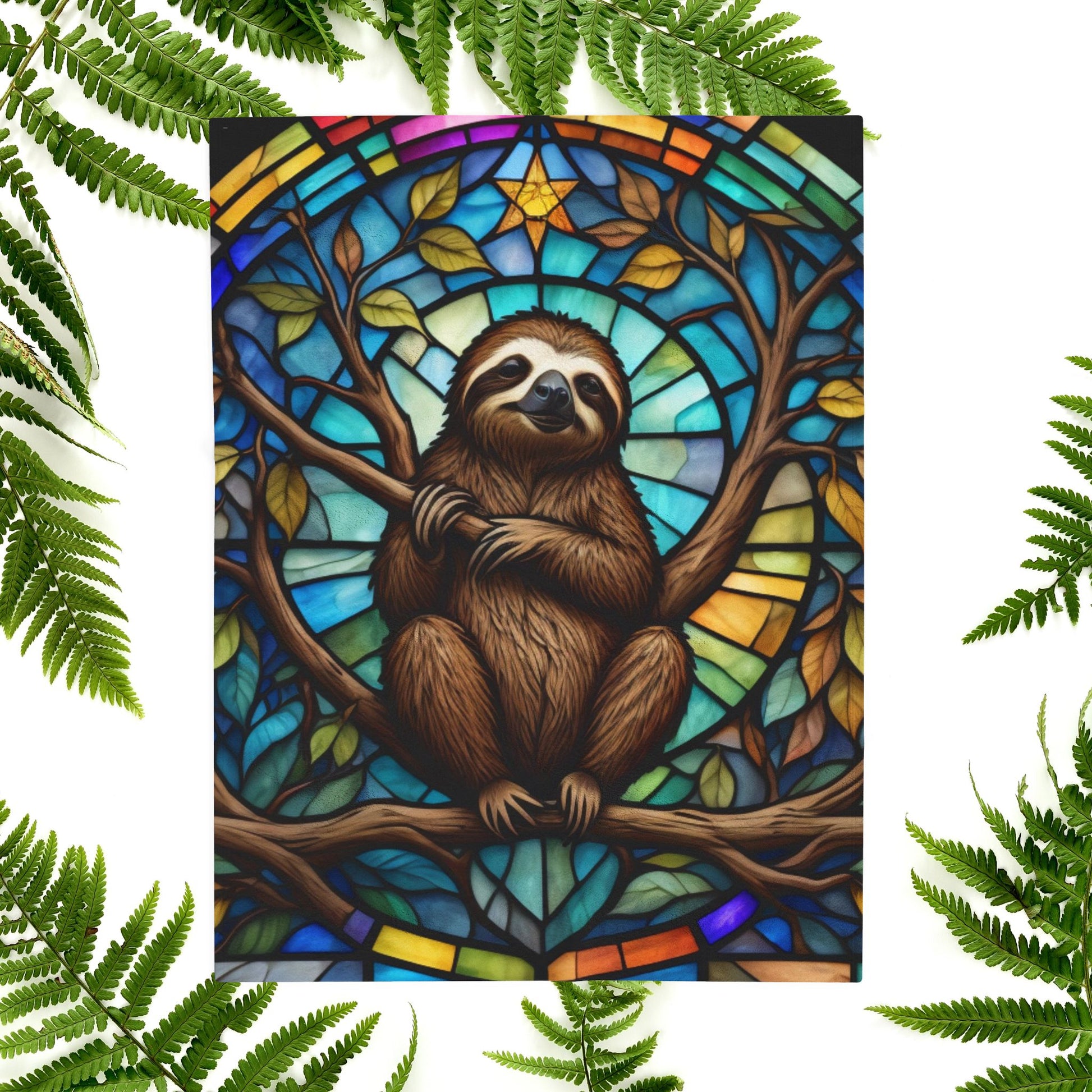 A relaxing sloth blanket with stained glass-inspired design for mindfulness and calm comfort.