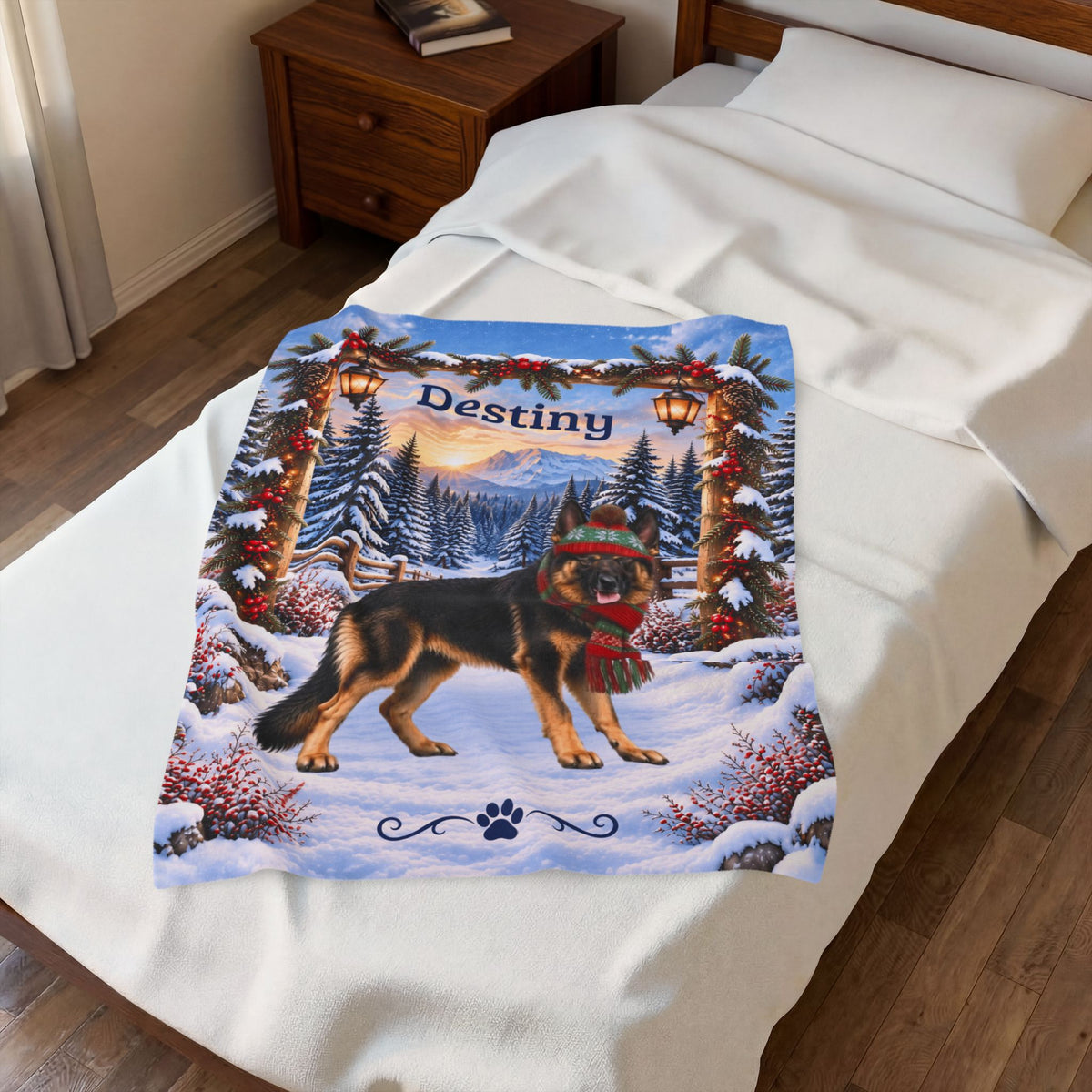 German Shepherd (Bi-Color Coat) - Personalized Winter Lodge Throw, Custom Name Velveteen Blanket - MySisterIsAsurvor