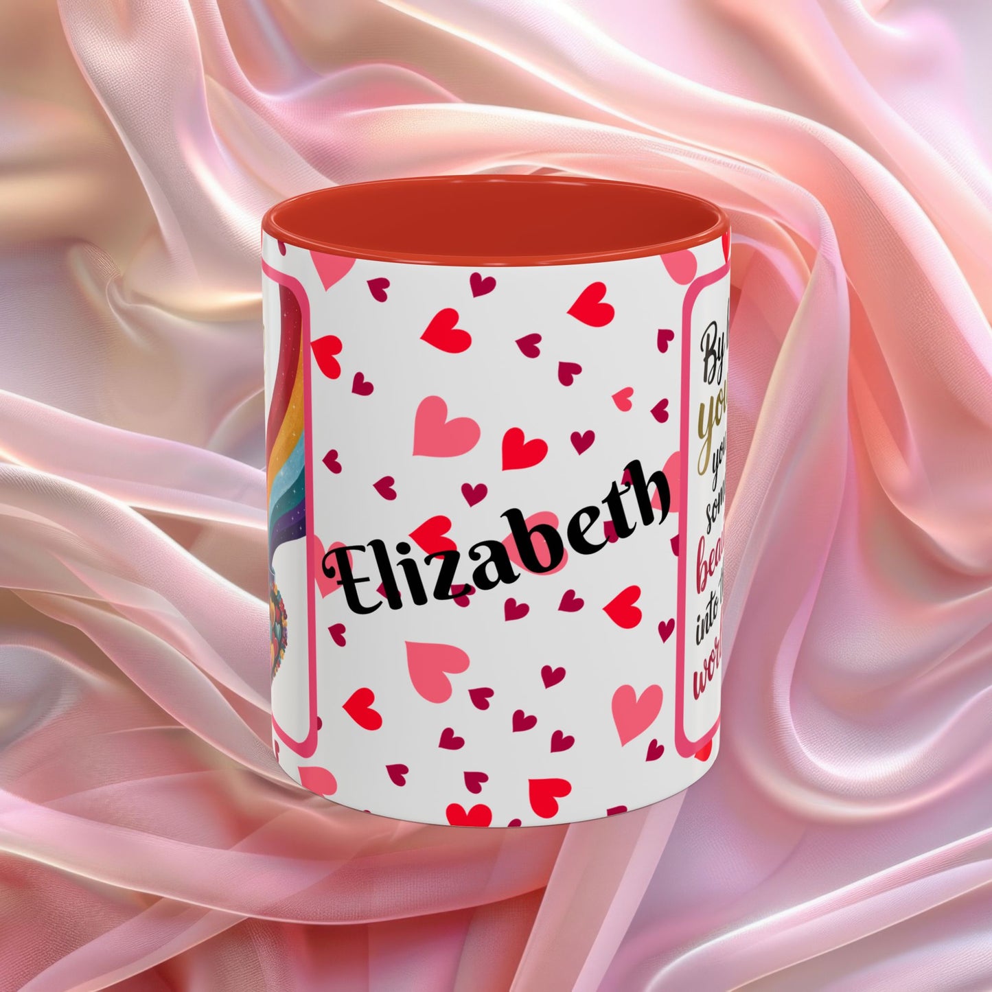 By Being Yourself Valentines mug featuring encouraging words, self love Valentine coffee cup design
