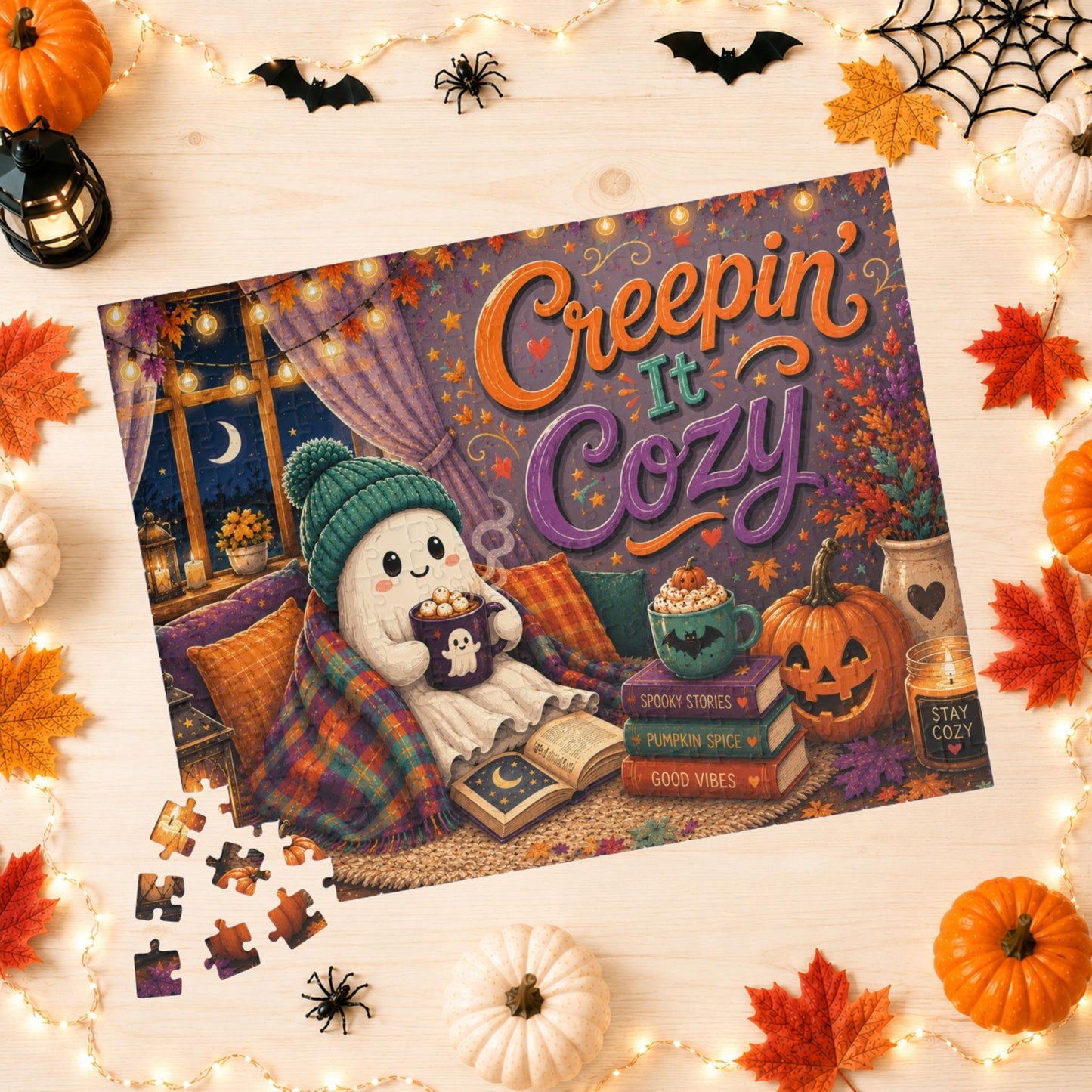 Creepin It Cozy Halloween Puzzle - Ghost in Beanie Reading by Candlelight with Pumpkin Spice Books