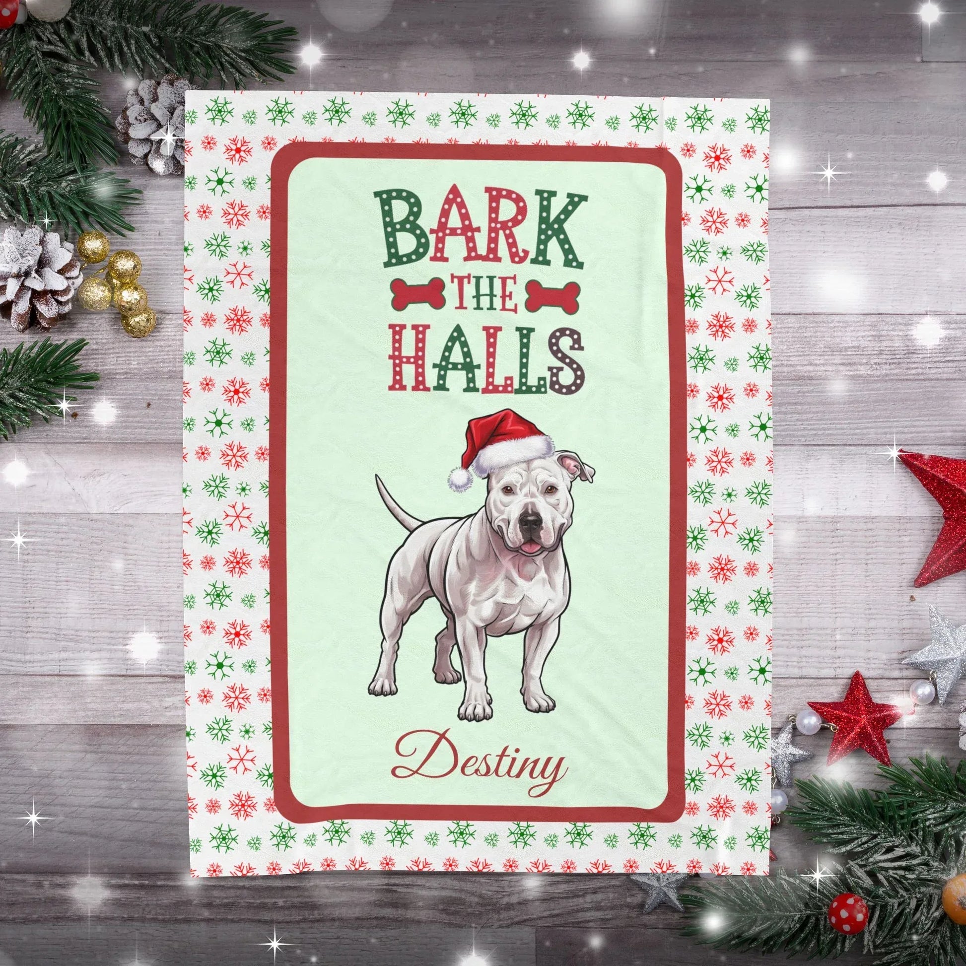 Shop our premium pitbull white personalized velveteen plush blanket bark the halls from MySisterIsASurvivor.