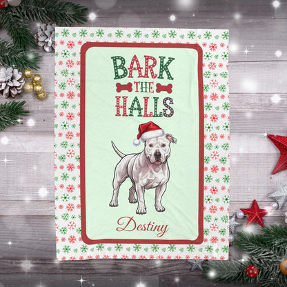 Shop our premium pitbull white personalized velveteen plush blanket bark the halls from MySisterIsASurvivor.