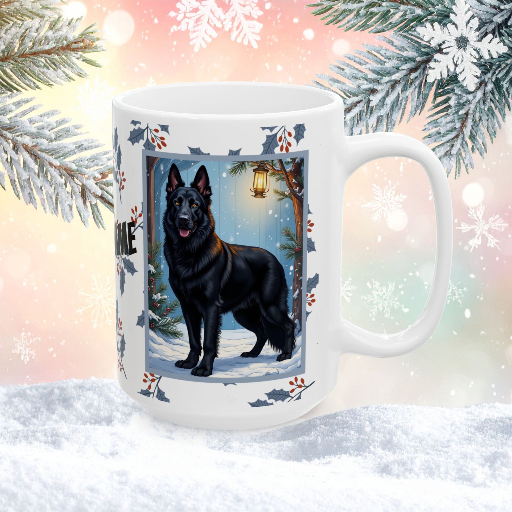 German Shepherd (Black) Winter Mug - black German Shepherd illustrated standing alert in a winter setting with snowy landscape