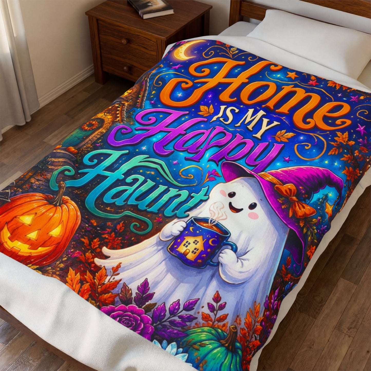 Home Is My Happy Haunt Velveteen Blanket - Ghost with House Mug and Cozy Cottage Jack-o-Lantern