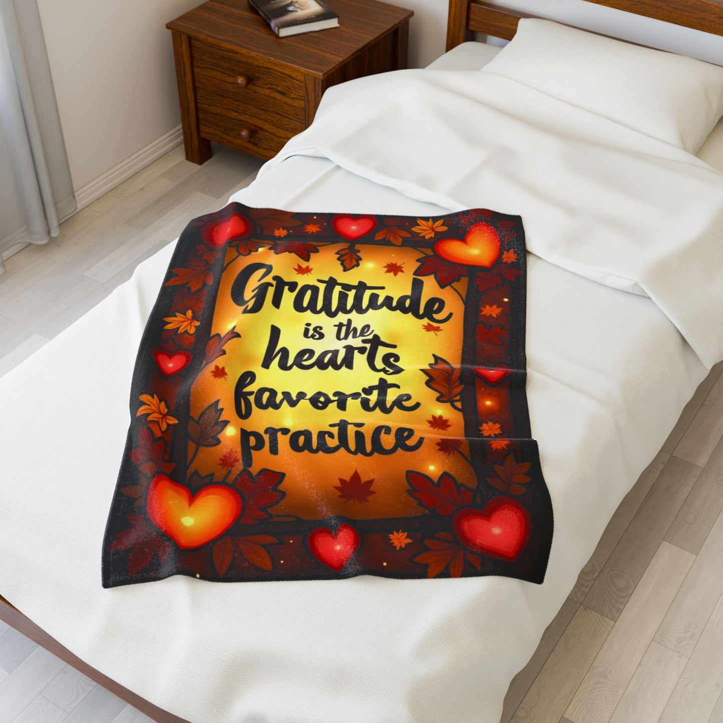 Mindful fall blanket with “Gratitude Is the Heart’s Favorite Practice,” warm calming tones and fall décor.