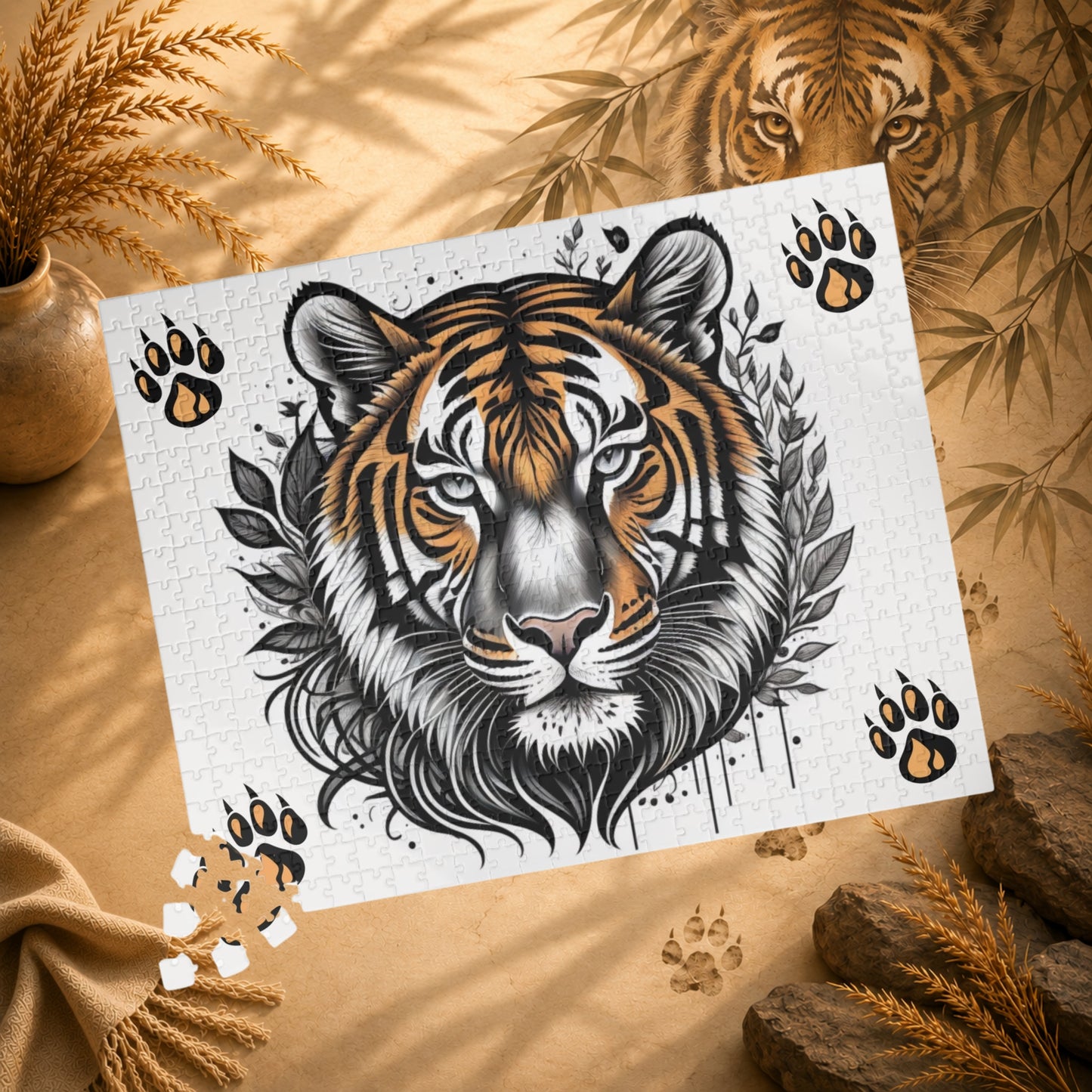 Empower Your Mind - Ink and Orange Tiger Puzzle with Botanical Leaves and Paw Prints on White