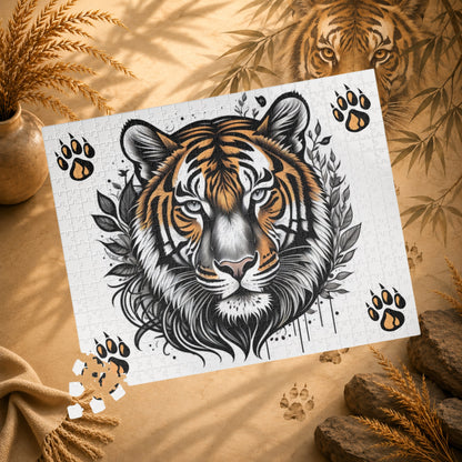 Empower Your Mind - Ink and Orange Tiger Puzzle with Botanical Leaves and Paw Prints on White