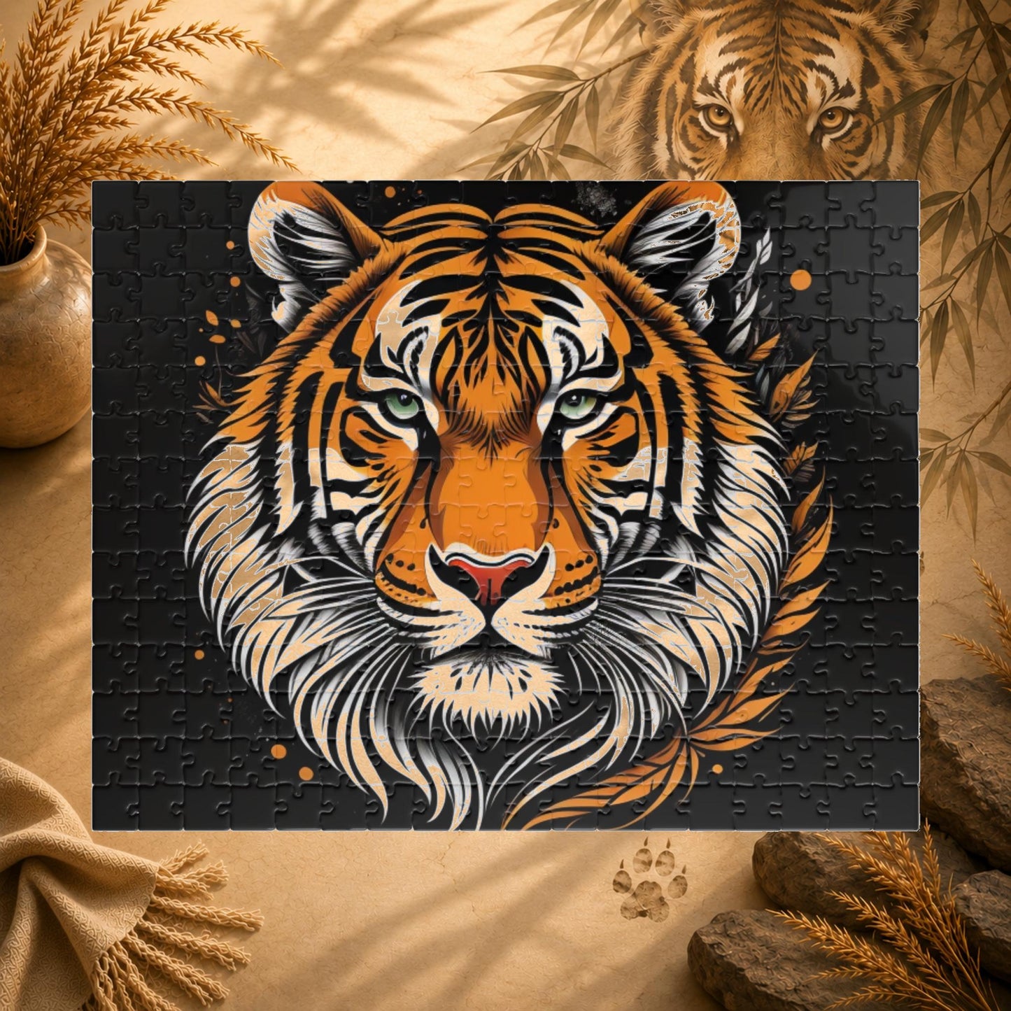 Bold Resilience - Fierce Bengal Tiger Portrait Jigsaw Puzzle in Dramatic Dark Illustration Style