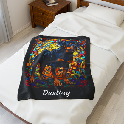 Rottweiler Black & Rust Coat Blanket, Velveteen Plush Stained Glass Dog Throw, Custom Pet Lover Gift
