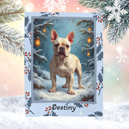 French Bulldog Cream personalized winter throw with soft Frenchie artwork and glowing snow-covered lodge details