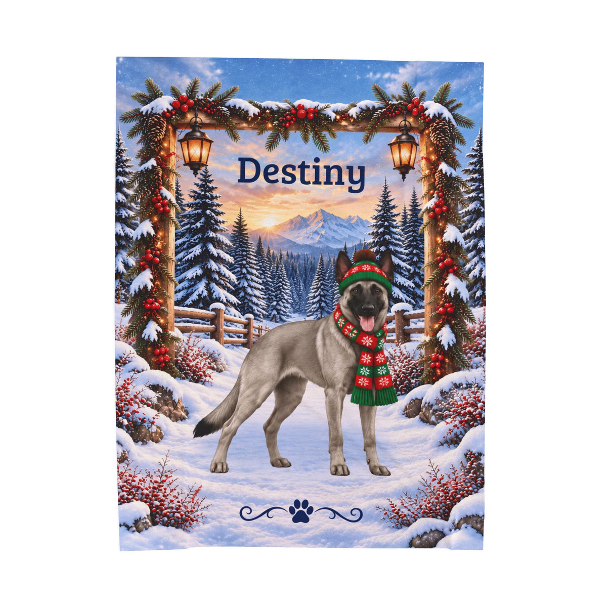 Belgian Malinois (Gray Coat) - Personalized Snowy Mountain Throw, Custom Dog Name Winter Blanket