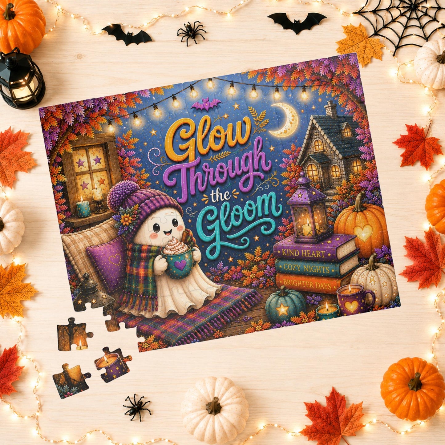 Glow Through the Gloom Halloween Puzzle - Cozy Ghost with Heart Mug, Kind Heart Books, and Cottage