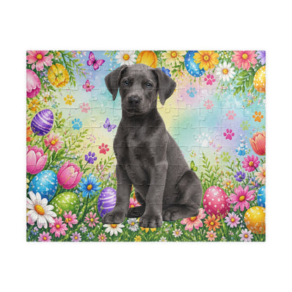Doberman (Blue) Easter Puppy Puzzle - Colorful Spring Garden with Eggs and Blooms