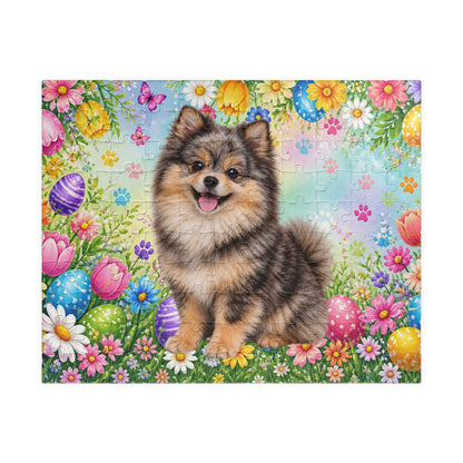 Pomeranian (Chocolate Merle) Easter Puppy Puzzle - Spring Garden with Eggs, Tulips, and Daisies