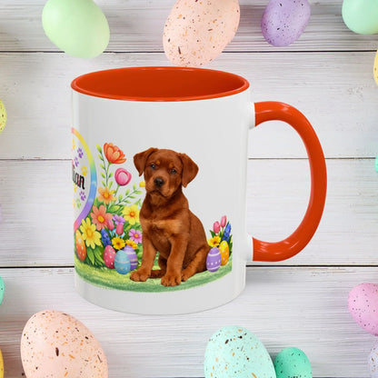Shop our rottweiler red puppy easter mug featuring the 11oz style option from MySisterIsASurvivor.