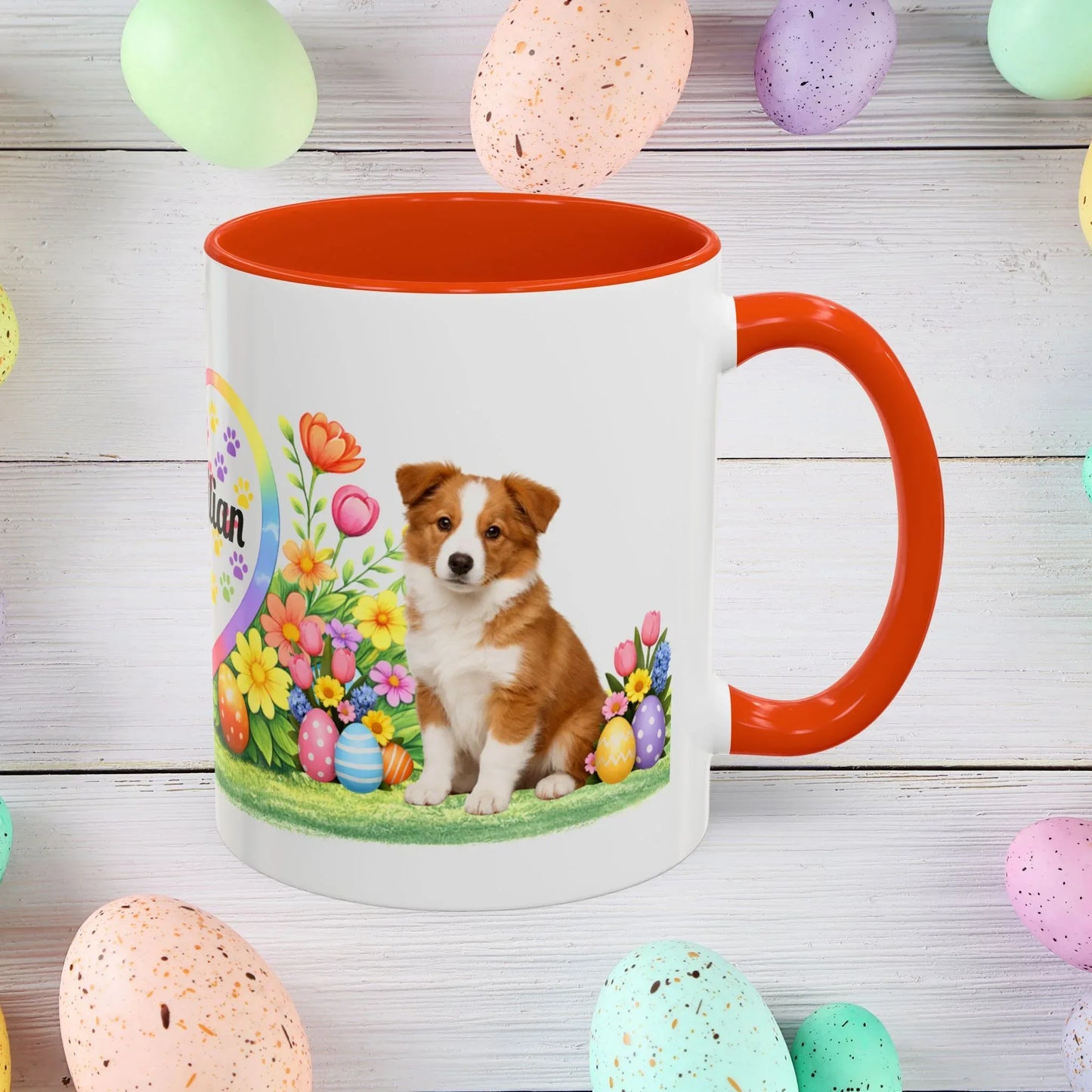 Shop our border collie red white puppy easter mug featuring the 11oz style option from MySisterIsASurvivor.
