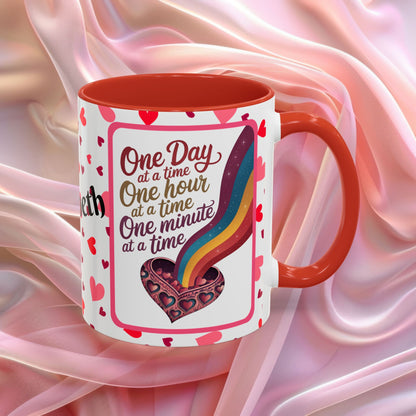 One Day At A Time Valentines mug promoting calm and patience, supportive Valentine coffee cup