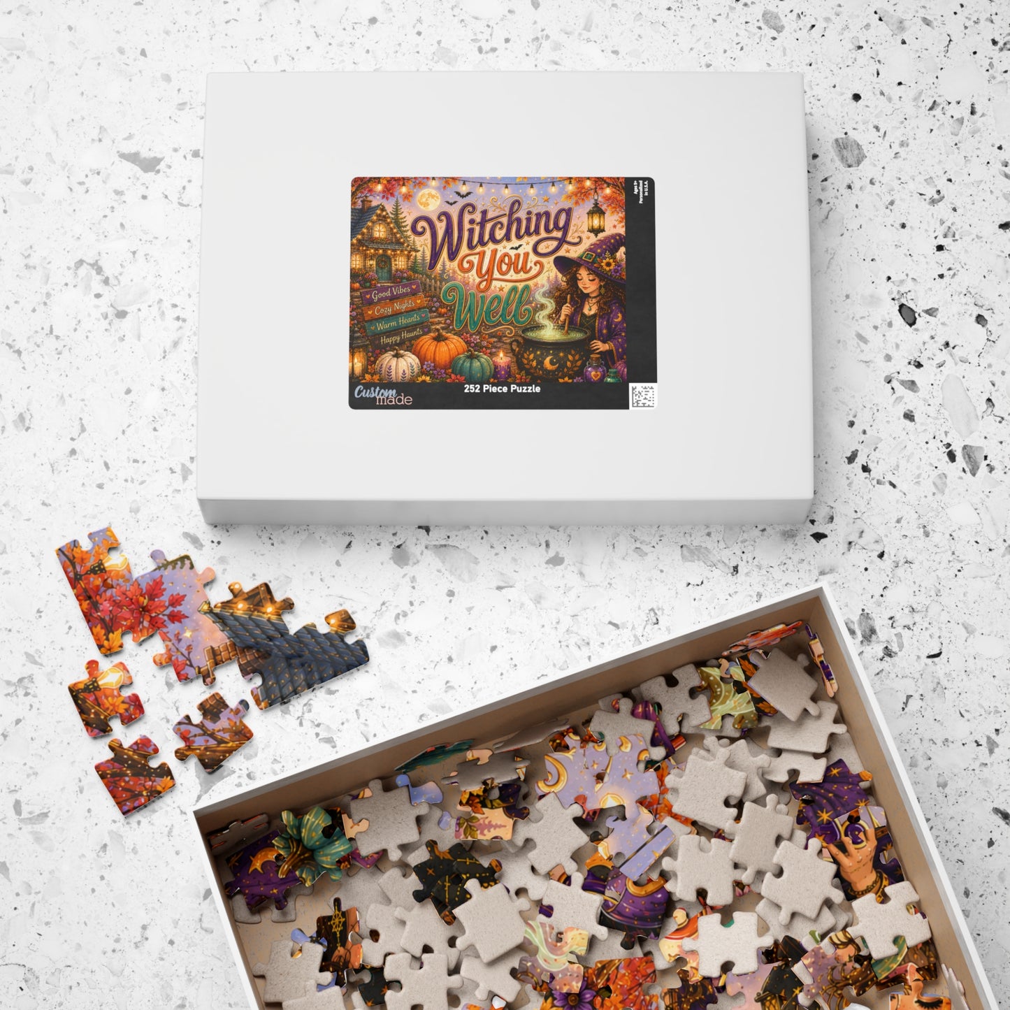 Witching You Well Halloween Puzzle - Witch Stirring Cauldron with Pumpkins, Full Moon, and Cottage
