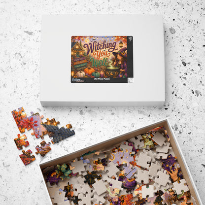 Witching You Well Halloween Puzzle - Witch Stirring Cauldron with Pumpkins, Full Moon, and Cottage