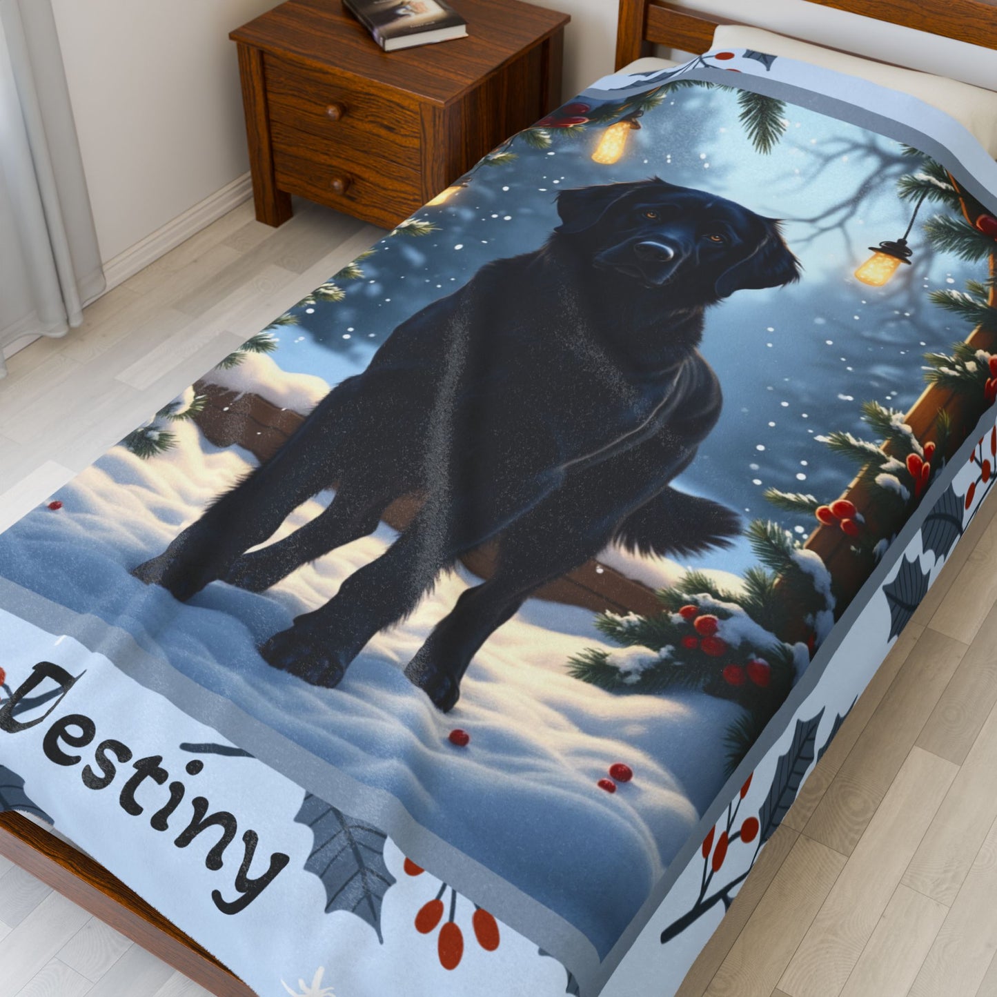 Golden Retriever Black custom winter blanket with friendly Golden Retriever artwork in a glowing lodge scene