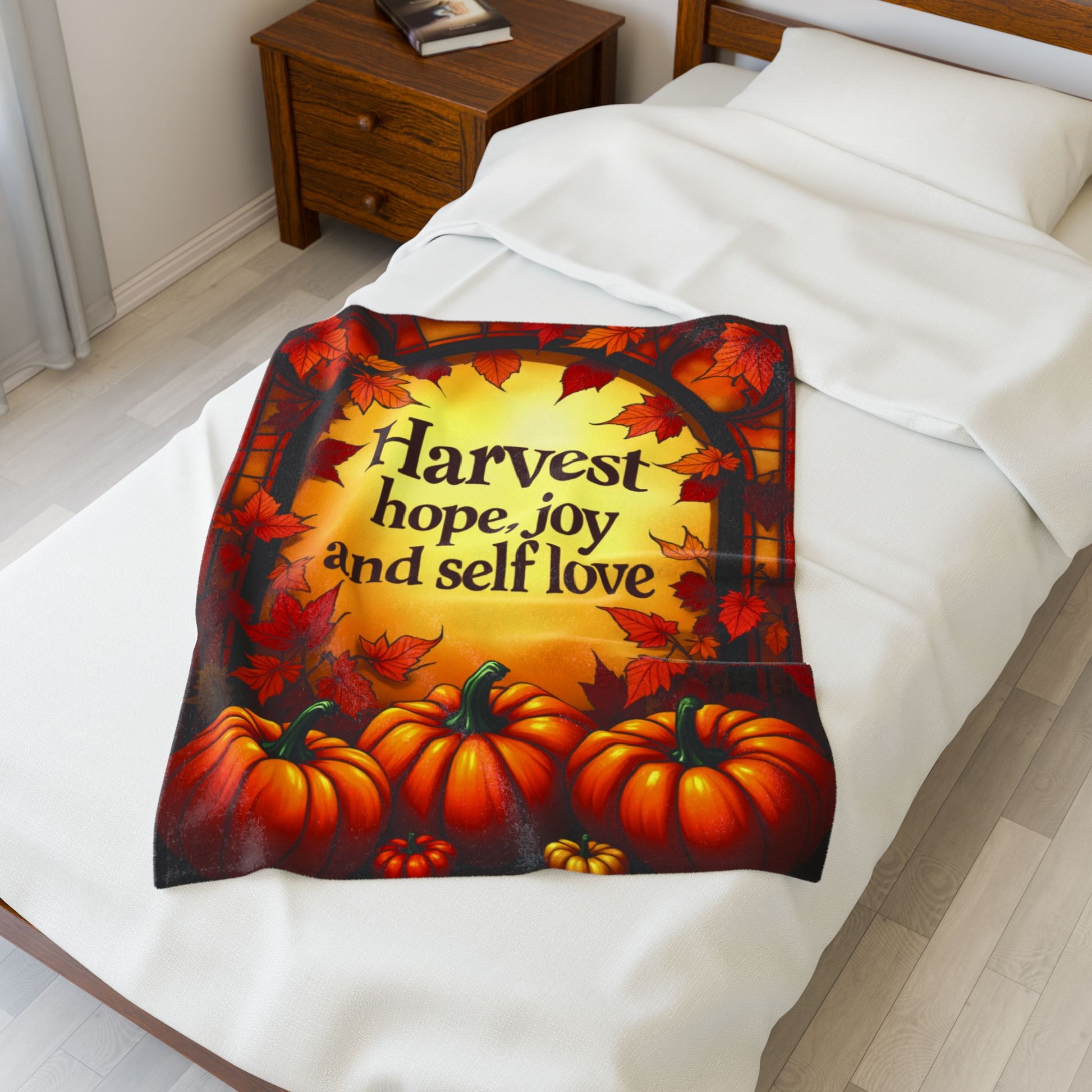 Inspirational blanket with “Harvest Hope, Joy, and Self-Love,” cozy Thanksgiving mindfulness design.