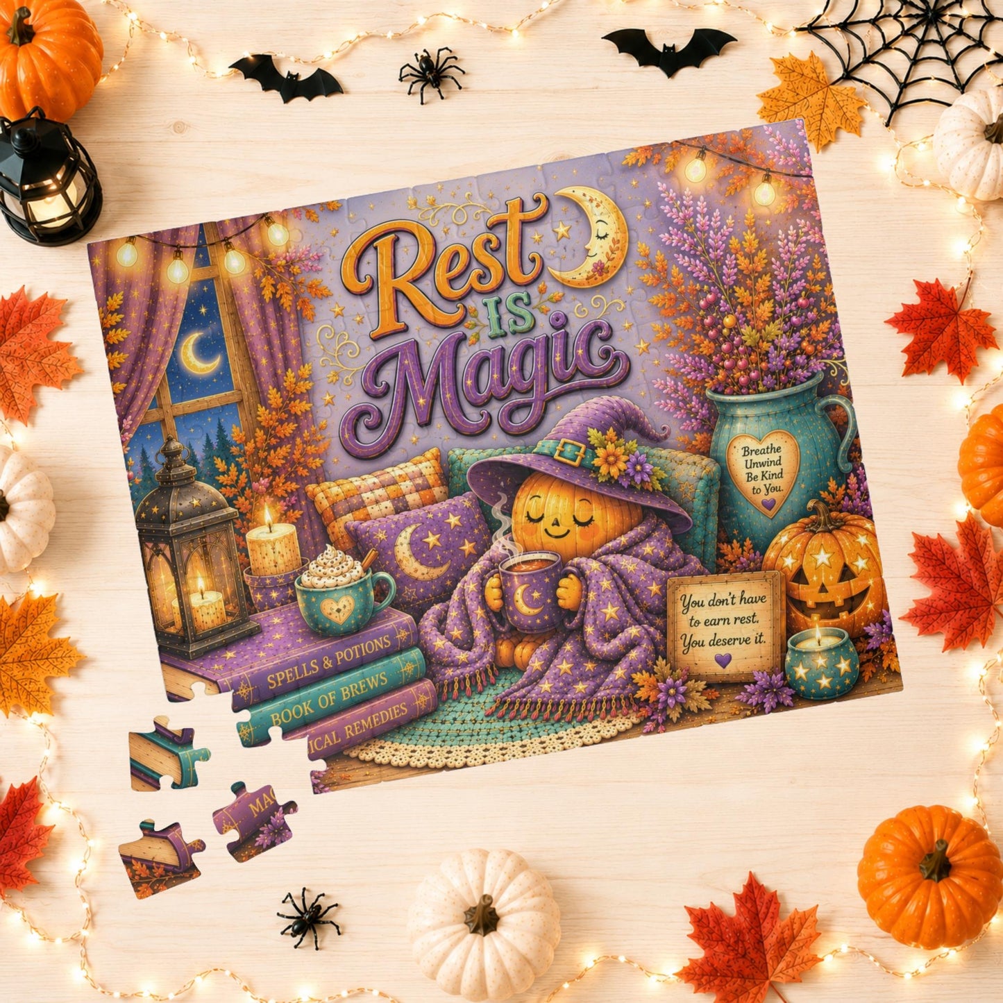Rest Is Magic Halloween Puzzle - Cozy Pumpkin with Moon Mug, You Deserve Rest Sign, and Magical Books