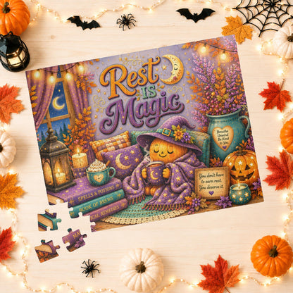Rest Is Magic Halloween Puzzle - Cozy Pumpkin with Moon Mug, You Deserve Rest Sign, and Magical Books
