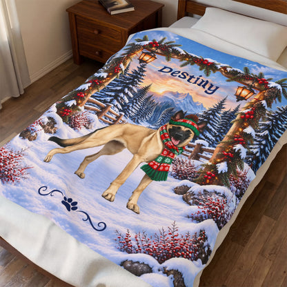 Belgian Malinois (Fawn Coat) - Custom Name Plush Blanket, Personalized Snowy Woodland Dog Mom Gift