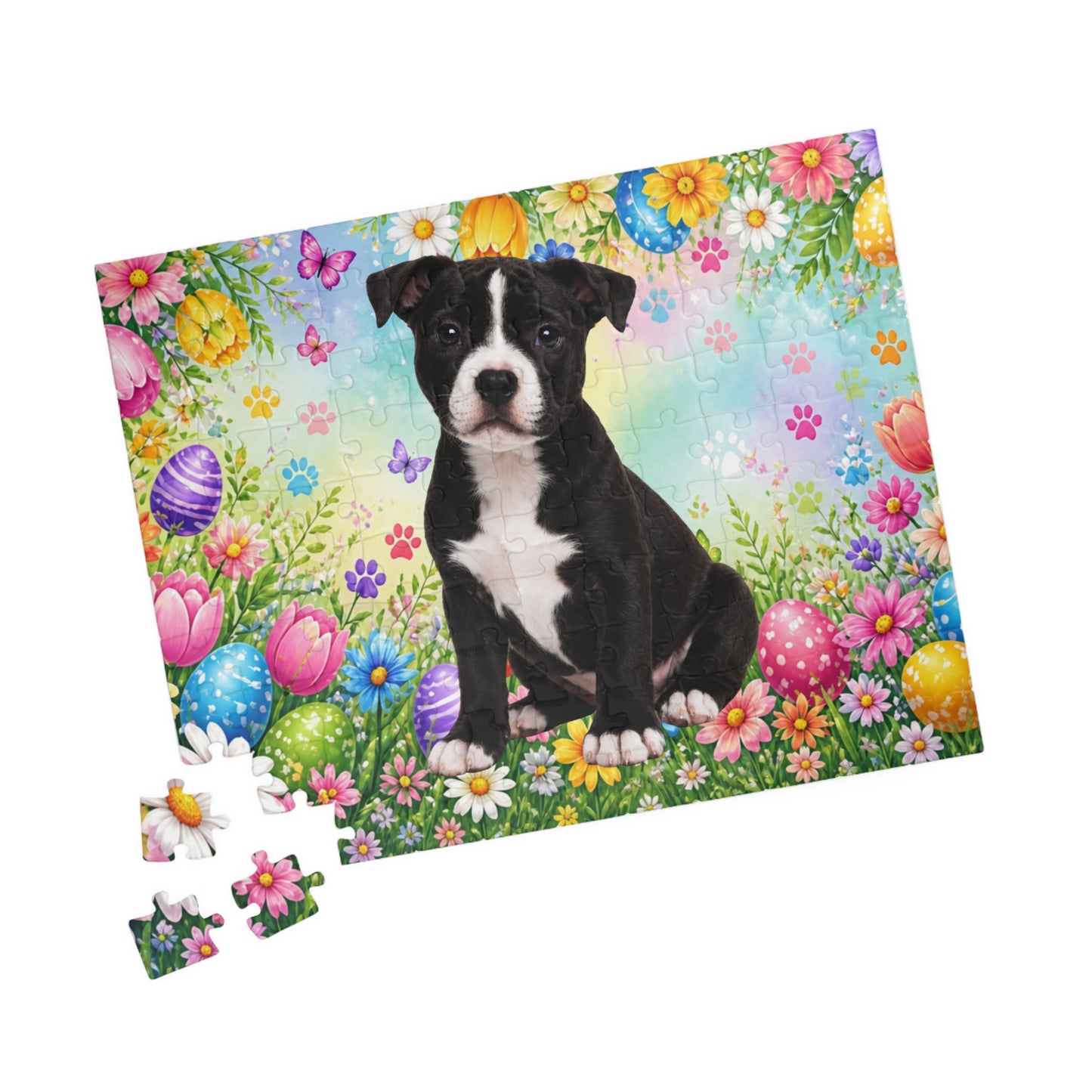 Pitbull (Black & White) Easter Puppy Puzzle - Spring Garden with Eggs, Tulips, and Daisies