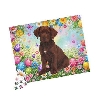 Great Dane (Chocolate) Easter Puppy Puzzle - Spring Garden with Eggs, Tulips, and Daisies