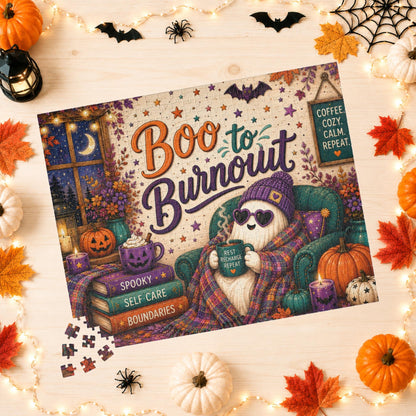 Boo to Burnout Halloween Puzzle - Ghost in Beanie with Rest Recharge Repeat Mug and Self-Care Books