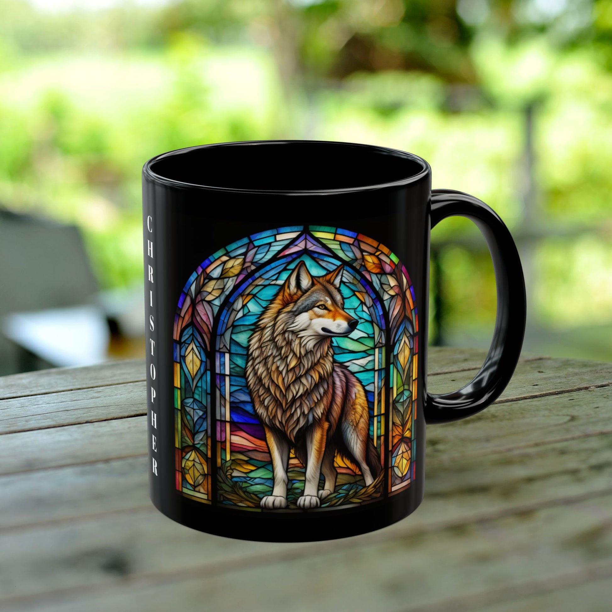 Wolf Personalized Mug, Stained Glass Zoo Animal Design, Unique Ceramic Gift for Wildlife Lovers, Coffee, Tea, & Hot Chocolate Cup