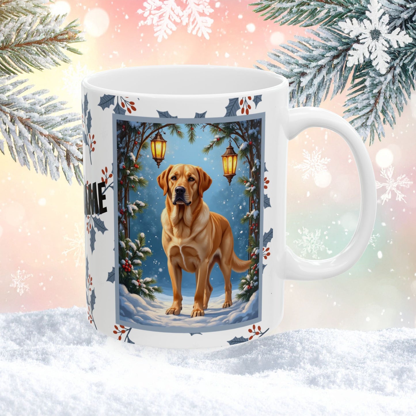 Labrador Retriever (Yellow) Winter Mug - yellow lab illustrated standing in a bright winter setting with snow