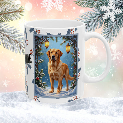 Labrador Retriever (Yellow) Winter Mug - yellow lab illustrated standing in a bright winter setting with snow