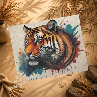 The Resilient Tiger - Expressive Tiger Puzzle with Circular Brushstroke and Paint Drips on White