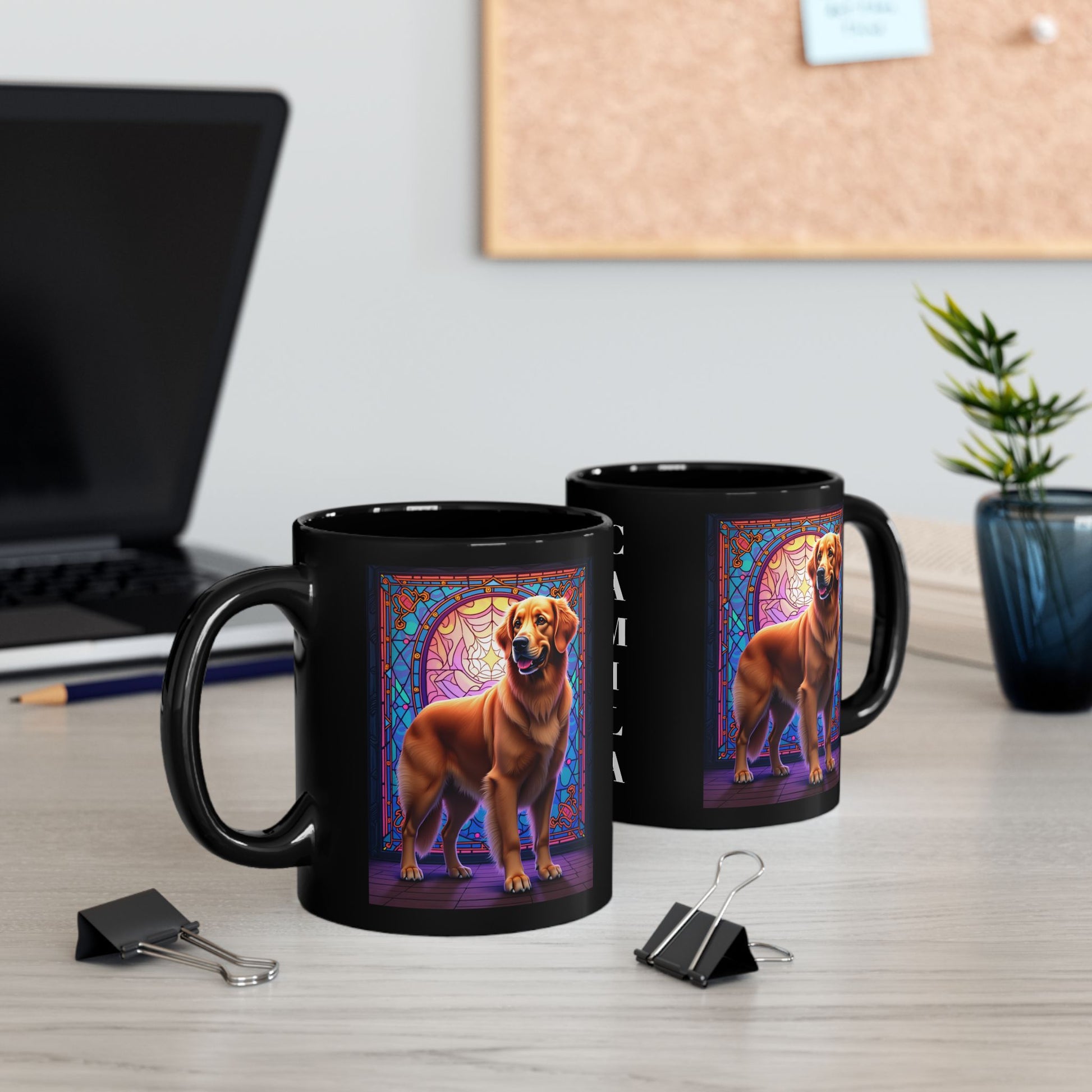 Dark Golden Retriever custom stained glass dog mug, personalized coffee cup for Golden Retriever owners