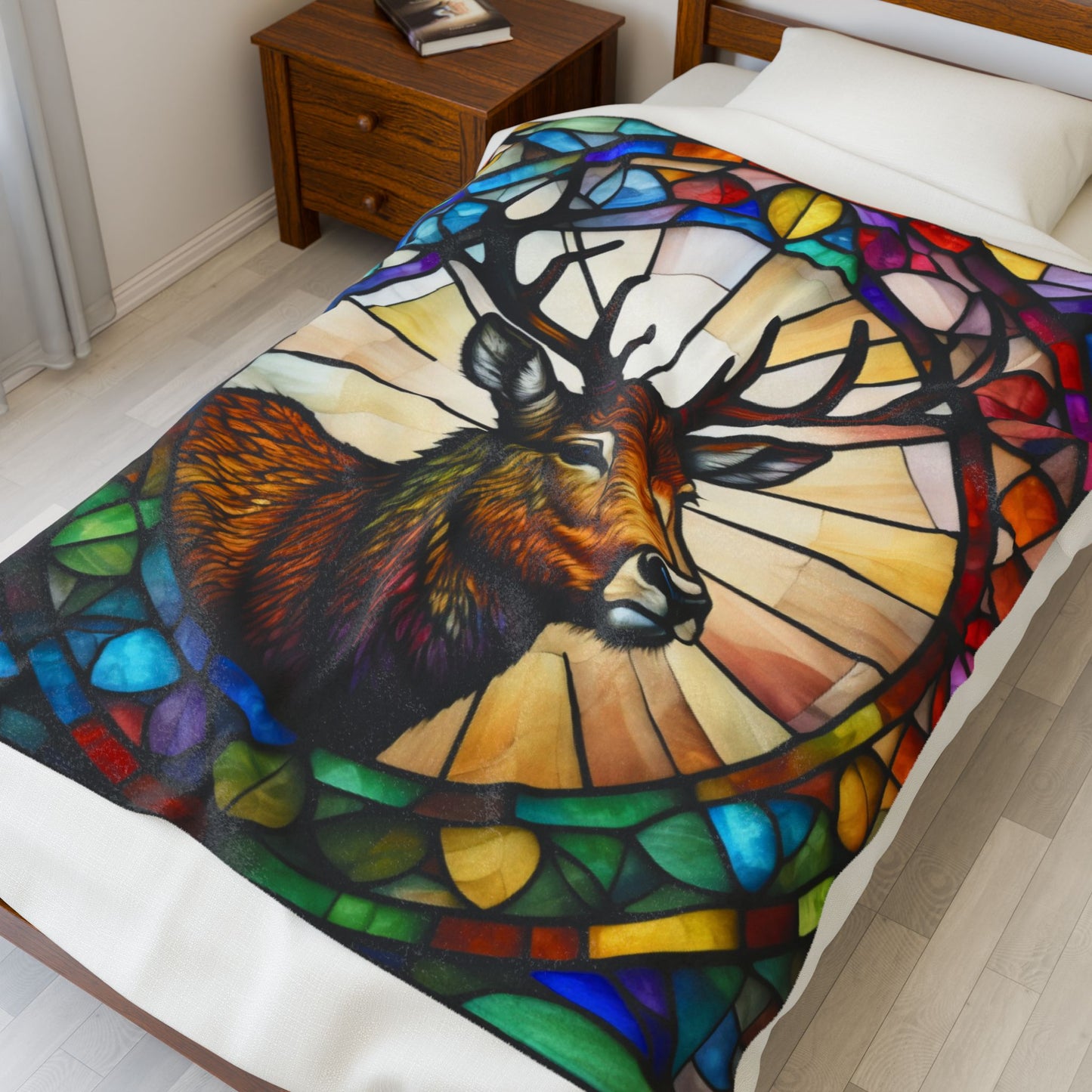 A woodland deer blanket with colorful stained glass art, perfect for cozy mindful moments.