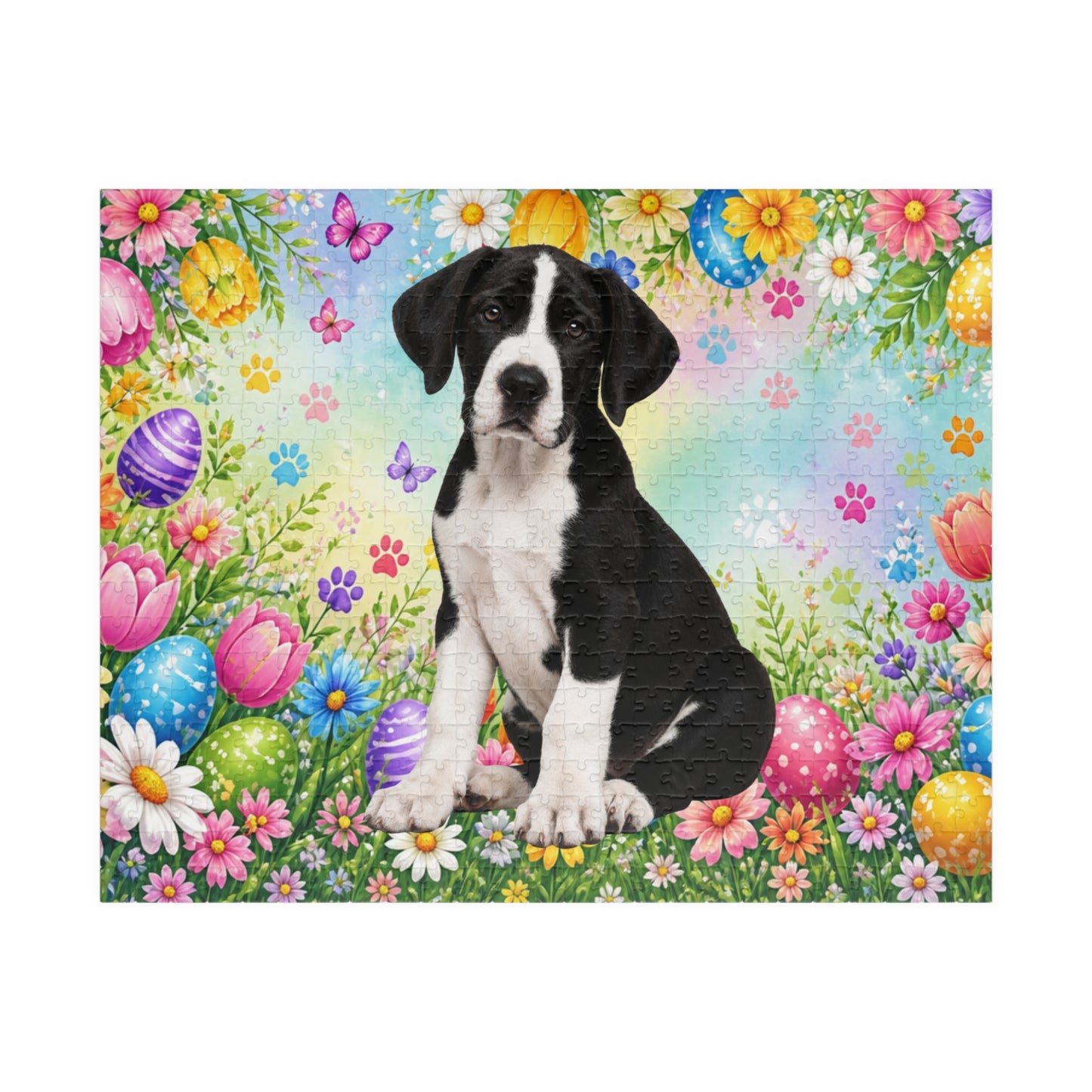 Great Dane (Mantle) Easter Puppy Puzzle - Spring Garden with Eggs, Tulips, and Daisies