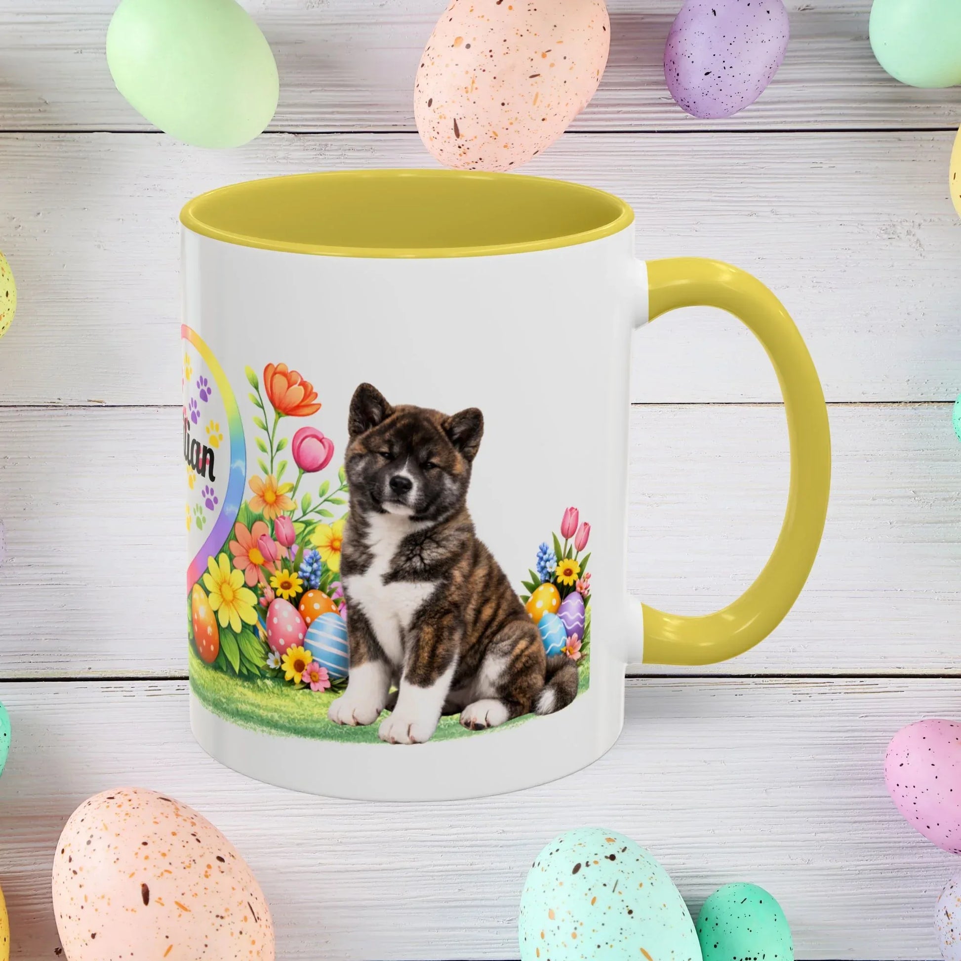 Shop our akita brindle puppy easter mug featuring the 15oz style option from MySisterIsASurvivor.