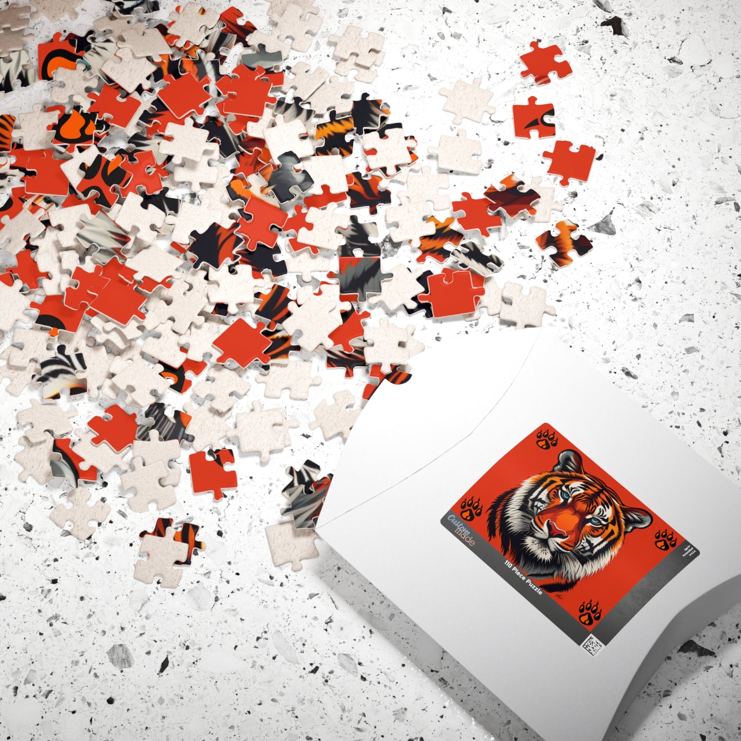 Wild Resilience - Tiger Portrait Puzzle with Paw Prints on Bold Red Background