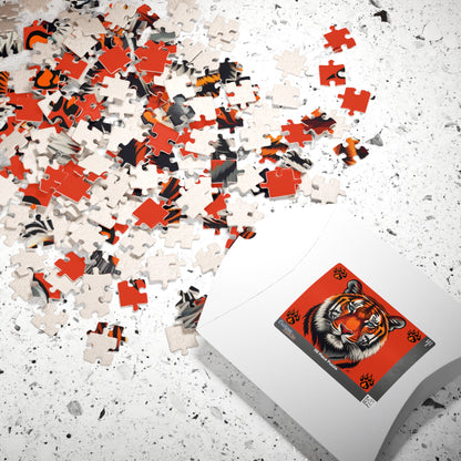 Wild Resilience - Tiger Portrait Puzzle with Paw Prints on Bold Red Background