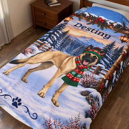 Belgian Malinois (Fawn Coat) - Custom Name Plush Blanket, Personalized Snowy Woodland Dog Mom Gift