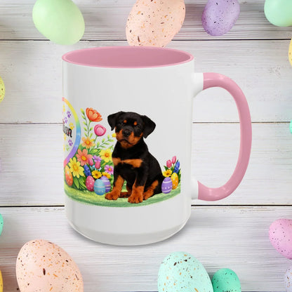 Shop our rottweiler black rust puppy easter mug featuring the 15oz style option from MySisterIsASurvivor.