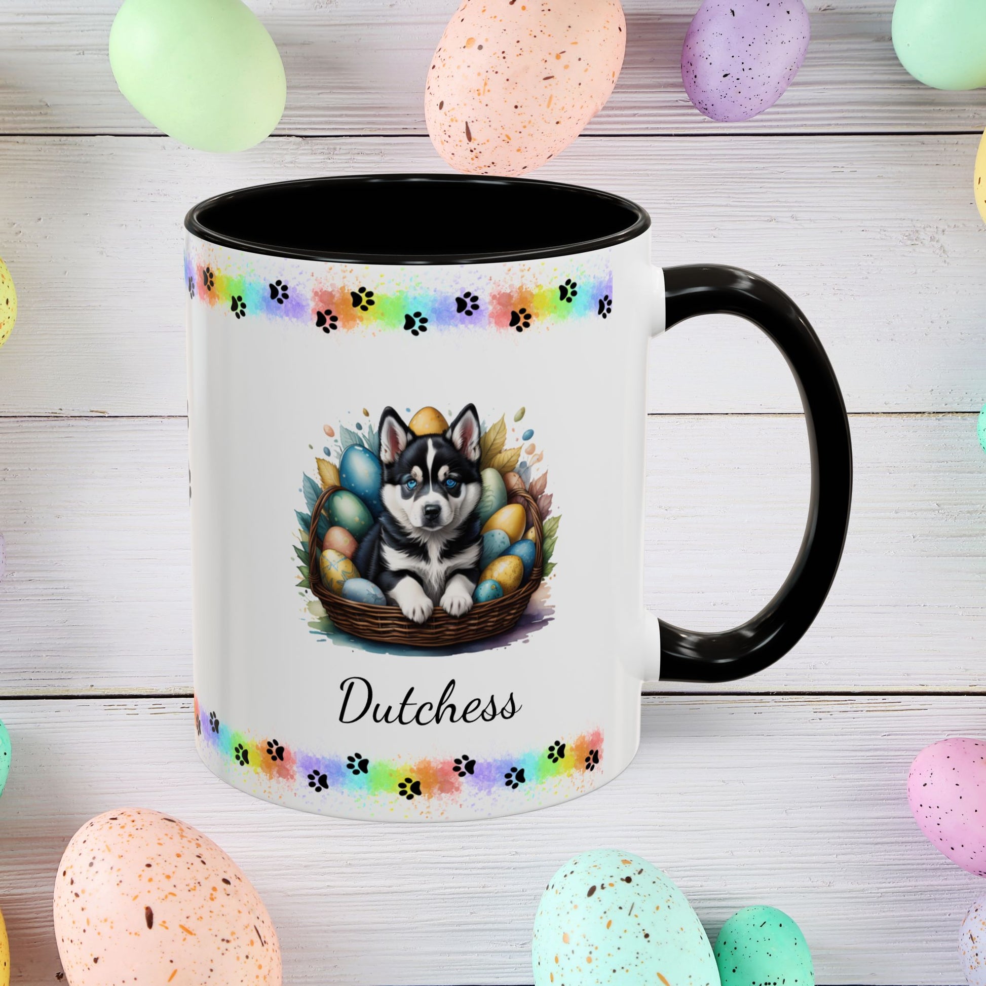 Siberian Husky: Personalized Easter Puppy Coffee Mug - Adorable Dog Design, Mental Health Gift, 11oz & 15oz, 12 Color Choices, Easter Gifts & Décor