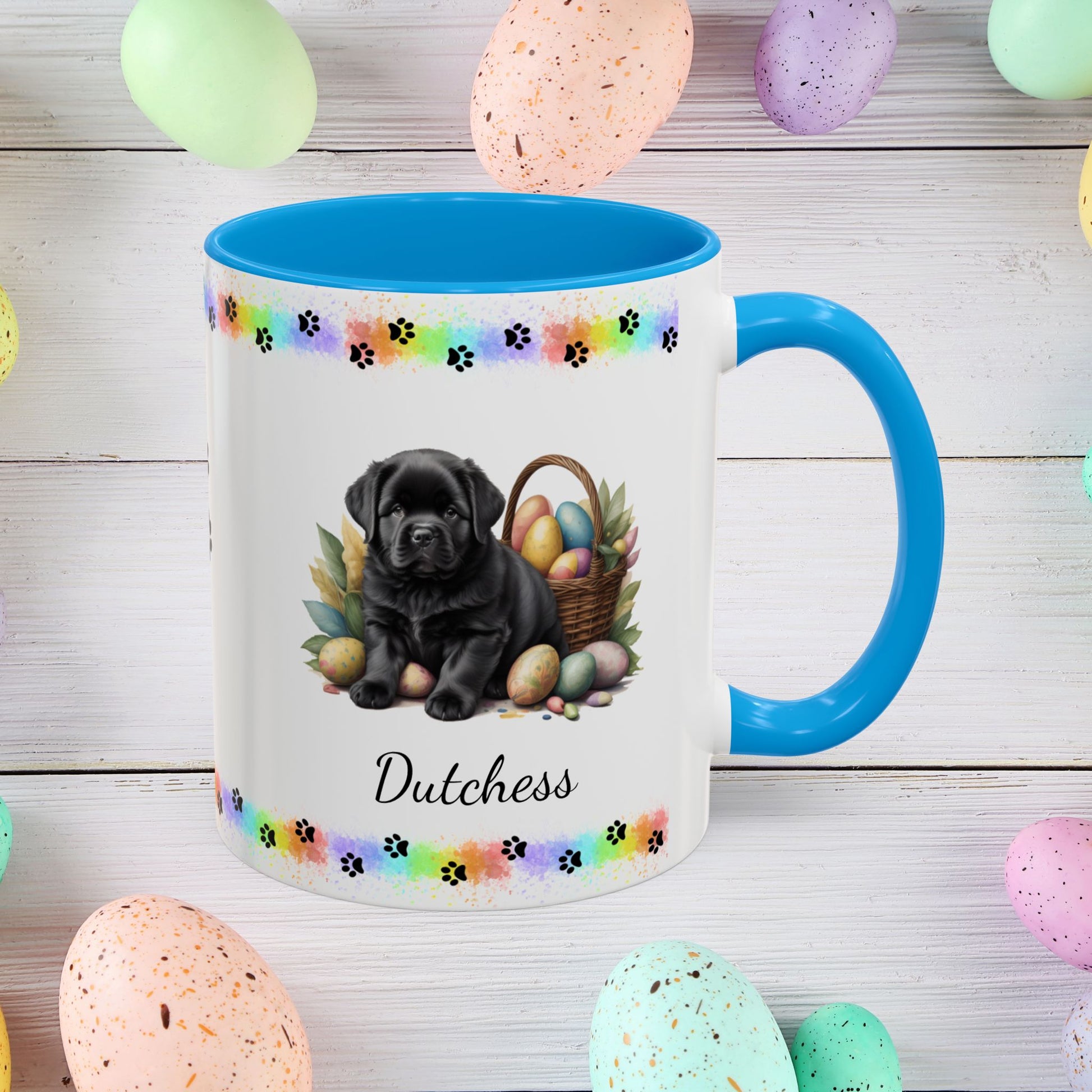Newfoundland (Black): Personalized Easter Puppy Coffee Mug - Adorable Dog Design, Mental Health Gift, 11oz & 15oz, 12 Color Choices, Easter Gifts & Décor