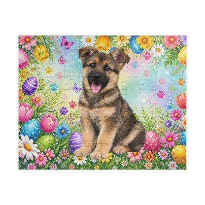German Shepherd (Sable) Easter Puppy Puzzle - Spring Eggs, Wildflowers, and Butterflies