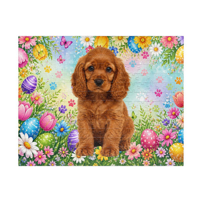 American Cocker Spaniel (Red) Easter Puppy Puzzle - Spring Garden with Eggs, Tulips, and Daisies